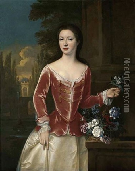 Portrait Of A Lady In A Pink Bodice And Oyster Satin Skirt, Holding A Sprig Of Orange Blossom, A Basket Of Flowers On A Ledge Beside Her, An Italianate Garden Beyond Oil Painting - John Verelst