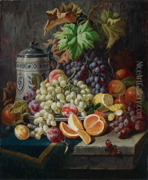 Stillleben Mit Weintrauben, Fruchten Und Steinzeugkrug Oil Painting - David Emile Joseph de Noter