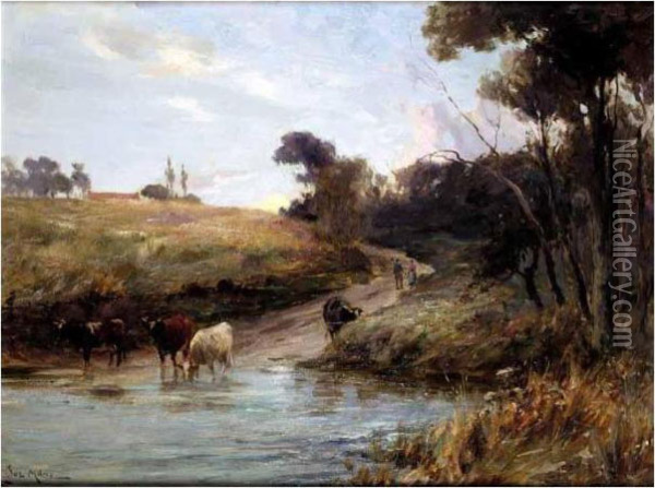 Cattle Watering Oil Painting - Joseph Milner