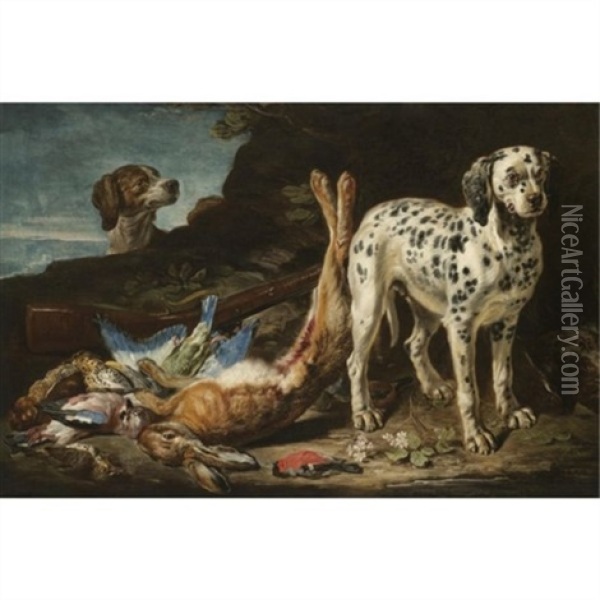 Still Life With Dogs, A Gun, A Dead Hare And Game Oil Painting - David de Coninck