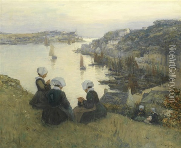Breton Girls On The Cliffs Above The Port Of Audierne Oil Painting - Fernand Marie Eugene Legout-Gerard