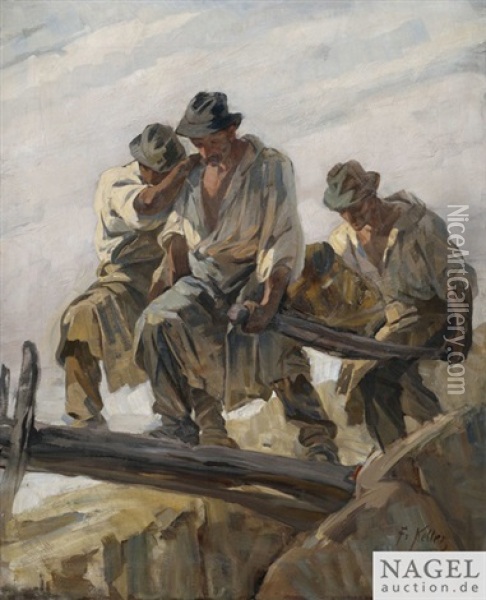 Drei Steinbrucharbeiter Mit Grosem Felsbrocken Beim Uberqueren Eines Schmalen Stegs Oil Painting - Friedrich von Keller
