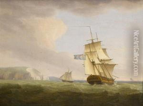 An English Frigate Off The Needles Oil Painting - Thomas Whitcombe