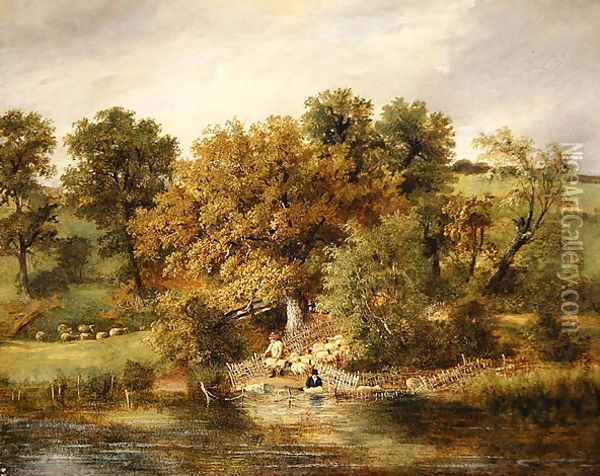 Sheep Washing at Postwick Grove, Norwich, c.1822 Oil Painting - James Stark