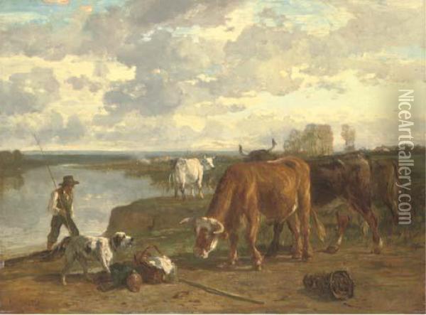Cattle And A Shepherd Oil Painting - Constant Troyon
