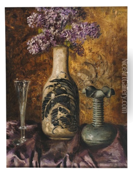 Stilleben Mit Fliederstraus In Japanischer Vase, Sektglas Und Jugendstilvase Auf Drapiertem, Violettem Tuch Oil Painting - Karl Heyden