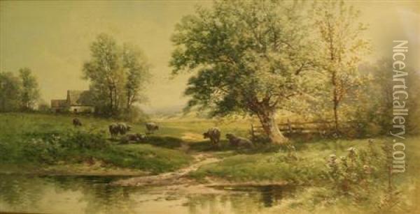 Sheep Grazing Beside A Stream Oil Painting - Carl Weber