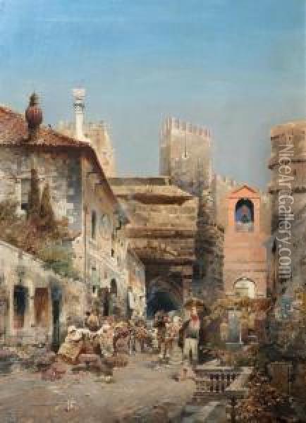 Southern Italian Street Scene. 1890. Oil Painting - Robert Alott