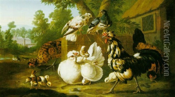 Ornamental Fowl In A Park, With A View Of A House Beyond Oil Painting - Pieter Casteels III