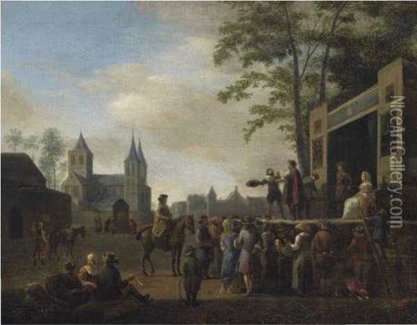 A Stage Play In A Village Street, With Numerous Villagers Watching,a Church In The Background Oil Painting - Gerrit Adriaensz Berckheyde