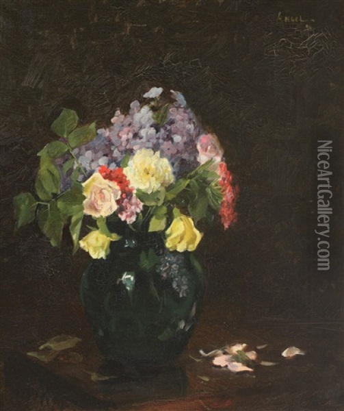 Vase With Roses And Forget-me-not Flowers Oil Painting - Nicolae Angelescu