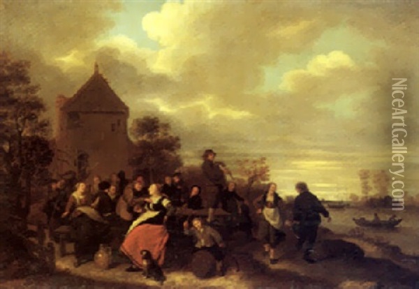 Peasants Merrymaking And Dancing Outside An Inn, On The Bank Of A River Oil Painting - Jan Miense Molenaer