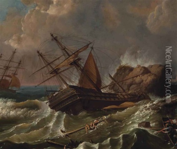 A Shipwreck Off The Coast Oil Painting - Thomas Buttersworth