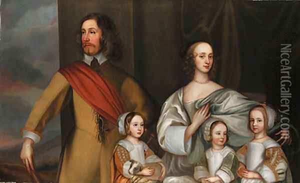 Group portrait of Alexander Popham of Littlecote, Wiltshire, with his wife, Letitia Carre, and three daughters, Essex, Letitia and Anne, by a window w Oil Painting - Robert Walker