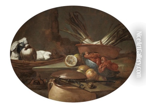 Doves, Crayfish, A Bowl Of Asparagus And A Copper Pot With Various Fruits Oil Painting - Giovanni Agostino (Abate) Cassana