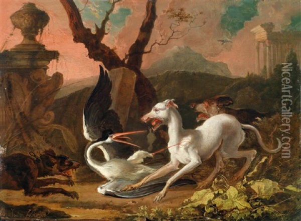 Landschaft Mit Hunden, Die Einen Storch Angreifen Oil Painting - Abraham Danielsz Hondius