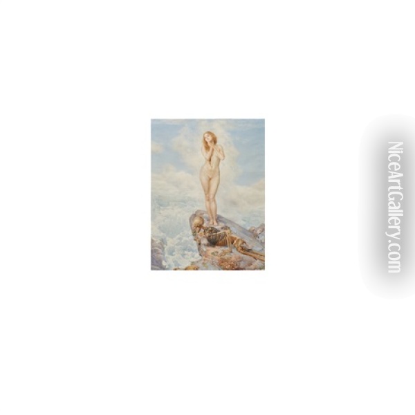 Nude Female Overlooking Precipice Accompanied By Death Oil Painting - Paul Grabwinkler