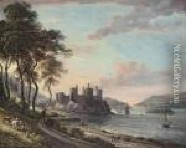 Conway Castle, North Wales, With Figures In The Foreground Andshipping Beyond Oil Painting - Paul Sandby