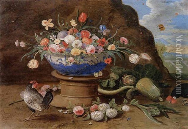 Natura Morta Con Vaso Di Fiori E Gallina Oil Painting - Jan van Kessel the Elder