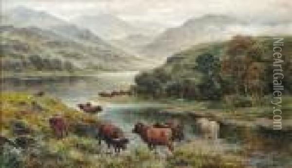 Highlandcattle Watering By A Loch With Mountainous Landscape Beyond Oil Painting - William Langley