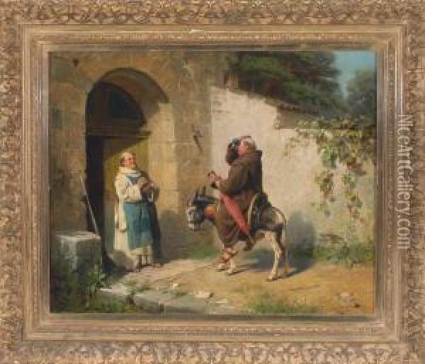Ein Von Der Hitze Geplagter Monch Auf Einem Esel Wird Von Einem Bruder Am Klostertor Empfangen Oil Painting - August Kraus