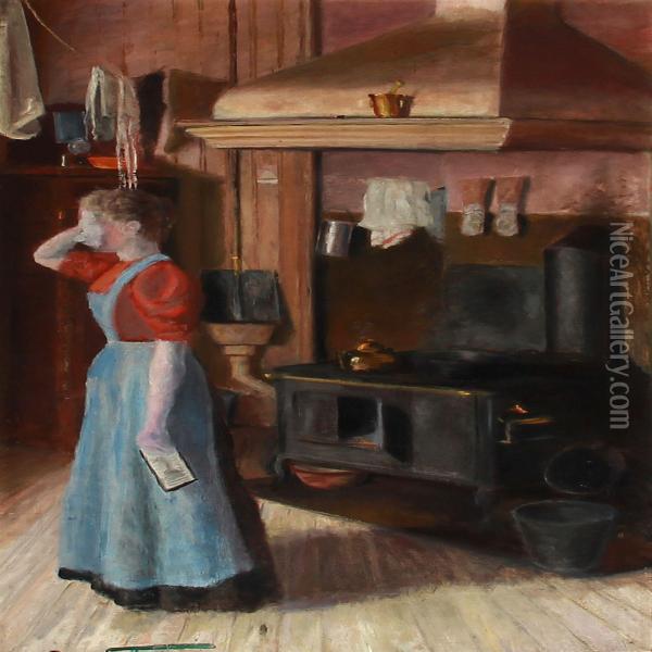 Kitchen Interior With A Woman Oil Painting - Oscar Gronmyra