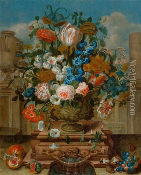 Blumenstillleben In Einer Steinvase Vor Einer Parklandschaft Oil Painting - Pieter Hardime
