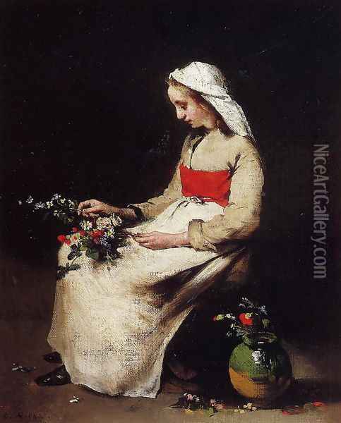 A Girl Arranging A Vase Of Flowers Oil Painting - Theodule Augustine Ribot
