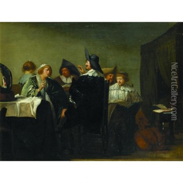An Interior Scene With Figures Gathered Around A Table Oil Painting - Pieter Jacobs Codde