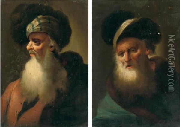 A Bearded Philosopher, In A Fur-lined Blue Mantle, And A Fur-linedhat Oil Painting - Januarius Zick
