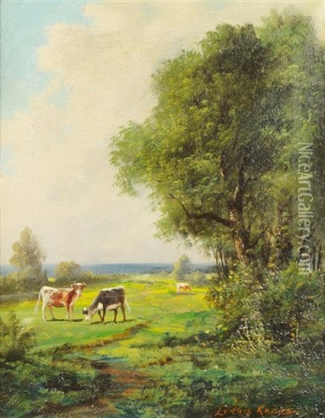 Cows Grazing In A Pastoral Scene Oil Painting - Ludwig Knaus