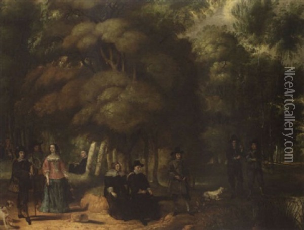 A Hunting Party In A Forest Oil Painting - Gonzales Coques