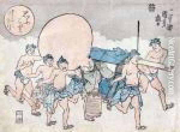 Mezczyzni Niosacy W Lektyce Boga Szczescia Fukurokuju Oil Painting - Utagawa Kuniyoshi
