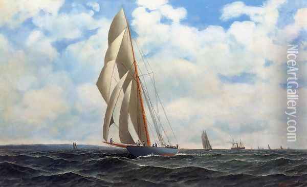 The Yacht Defender, on a Leeward Reach by Sandy Hook Oil Painting - Antonio Nicolo Gasparo Jacobsen