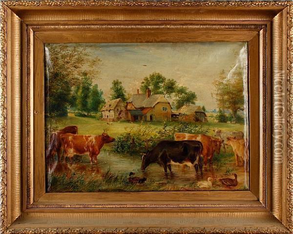 Cattle Watering Before A Farmstead Oil Painting - Edwin Frederick Holt