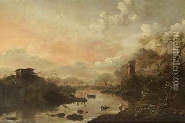 An evening Italianate landscape with peasants crossing a river, fishermen drawing in their nets nearby Oil Painting - Hans De Jode