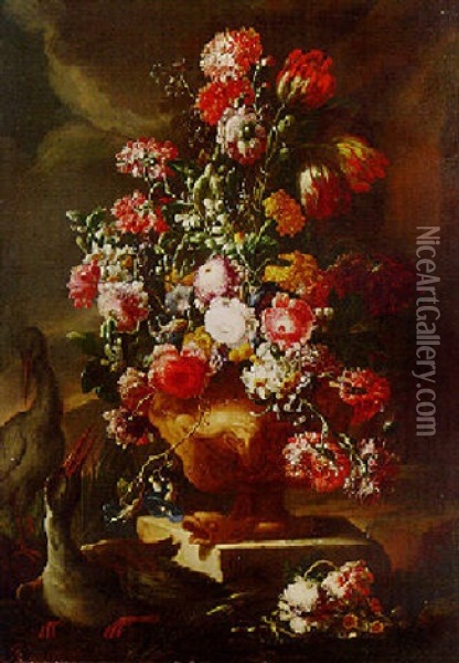 Mixed Flowers In A Sculpted Urn On A Stone Ledge, Waterfowl Nearby Oil Painting - Nicola Casissa