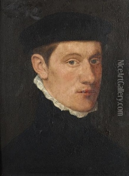 Portrait Of A Young Man, Bust-length, In Black Costume With A White Lace Collar And A Black Hat Oil Painting - Adriaen Thomasz Key