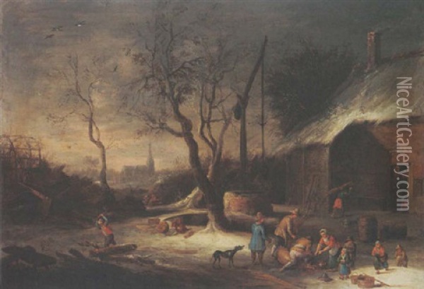 A Winter Landscape With Peasants Chopping Wood And Slaughtering A Pig Near A Well, A Farm Nearby Oil Painting - Theobald Michau