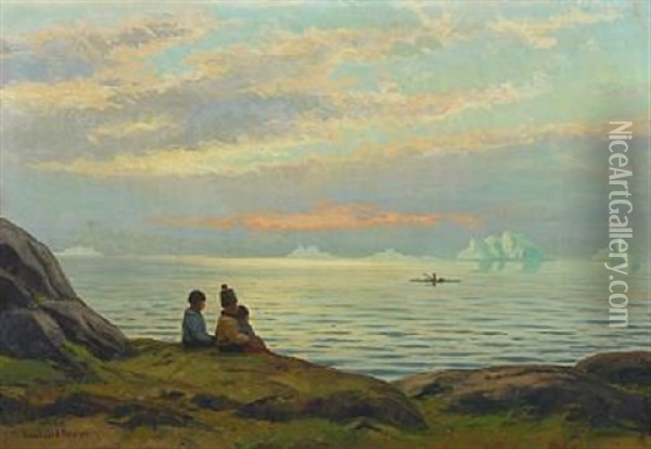 Sunset With Greenlandic Children Overlooking The Sea Oil Painting - Emanuel A. Petersen