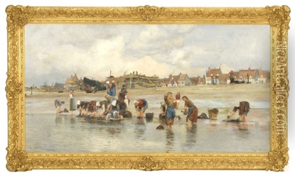 Washing By The Shore, With Dry-docked Boats In The Background Oil Painting - Charles William Wyllie