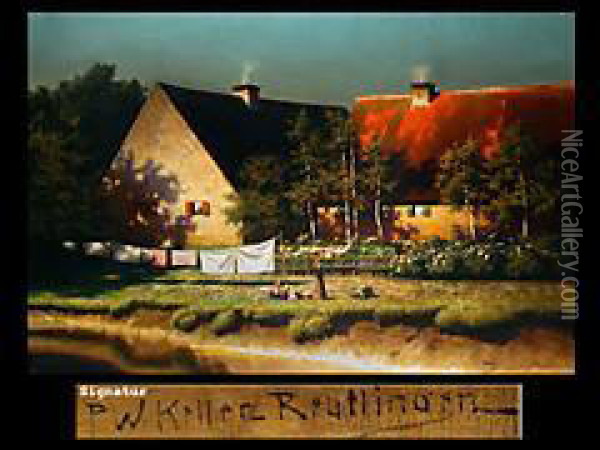 Spielende Kinder Vor Einem Bauernhof Am Fluss Oil Painting - Paul-Wilhelm Keller-Reutlingen