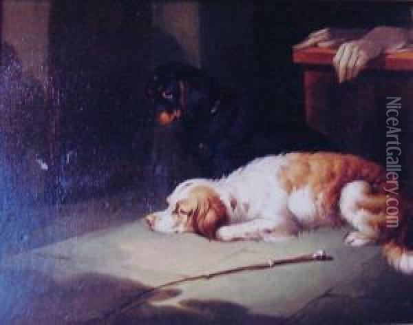 Longing For Their Master, Two Spaniels In An Interior Oil Painting - Paul Jones