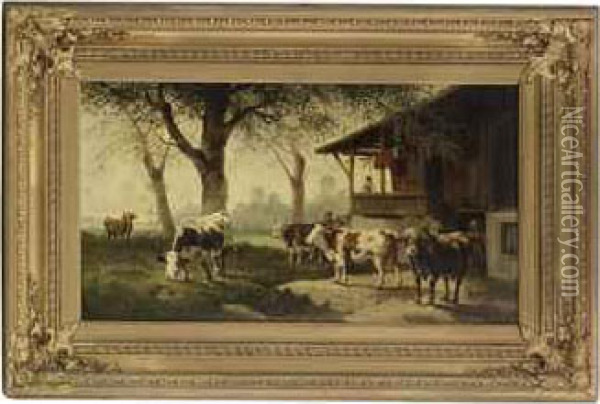 Herding Cattle By A House Oil Painting - Rosa Bonheur
