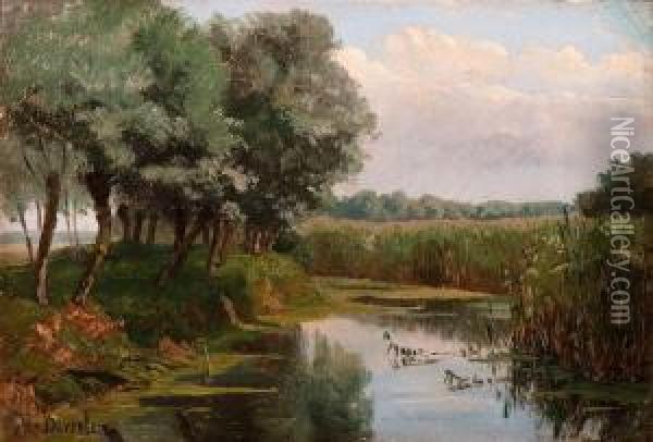Row Of Trees Near The Water With A View Over The Fields Oil Painting - Jan Willem Van Borselen