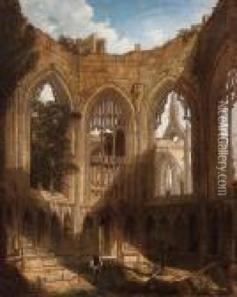A Figure In A Ruined Abbey Oil Painting - David Roberts