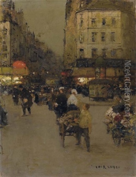 Crepuscule Sur Une Place, Paris (la Place Du Delta?) Oil Painting - Luigi Loir