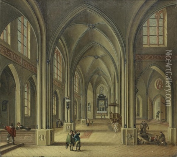A Church Interior With Figures In 17th Century Costume, Including Grave Diggers Creating A Tomb Oil Painting - Johann Ludwig Ernst Morgenstern