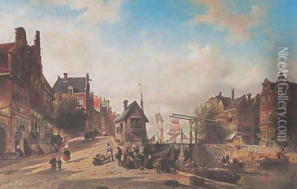 A view of the Singel near the Brouwersgracht, Amsterdam 1874 Oil Painting - Elias Pieter van Bommel