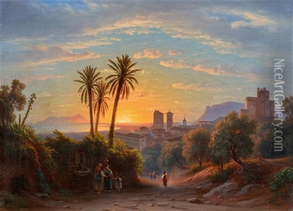 South Italian Landscape At Sunset Oil Painting - Johann-Rudolph Buhlmann